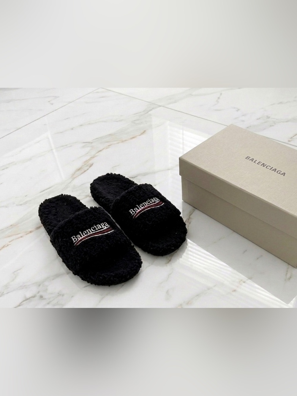 Balenciaga Black Fuzzy Slide Slippers with White & Red Logo